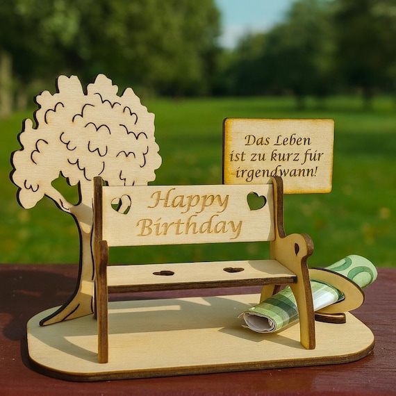 Geschenk zum Geburtstag Happy Birthday Große Bank mit Schild Leben ist zu kurz für irgendwann, Bauset Kleine Gartenbank mit Baum ohne Schild