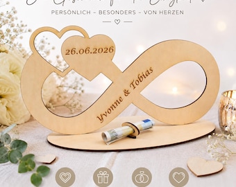 Geldgeschenk zur Hochzeit, Unendlichkeit mit den Namen vom Brautpaar, Brautleute, Datum, Geldscheinhalter, Holz