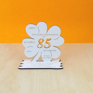 85 Geburtstag Gutscheingeschenk Kleeblatt 11cm Vintage weiß Glückwünsche Frau, Mann Geschenk Deko 01