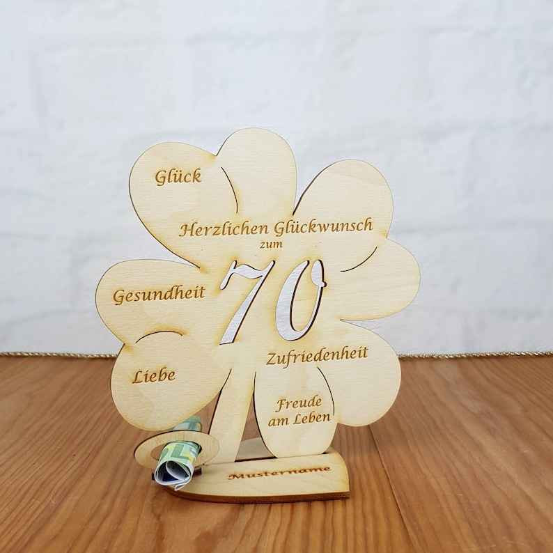 Gift for a 70th birthday, money gift with or without desired text, cloverleaf 11.7 cm or 16 cm, wooden table decoration 16cm mit Namen