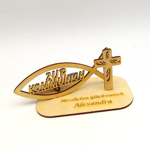 Geldgeschenk zur Kommunion, Geldgeschenk mit Namensgravur, Christlich mit Fisch und Kreuz, Holz Geschenk