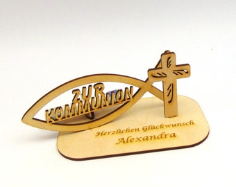 Money gift for communion, money gift with name engraving, Christian with fish and cross, wood gift