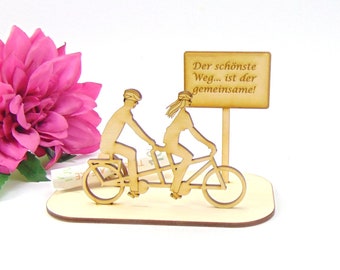 Geldgeschenk Tandem zur Hochzeit, zum Geburtstag, mit Gute Fahrt oder mit eigenem Wunschtext, Geschenk Fahrrad, Bike aus Holz K8