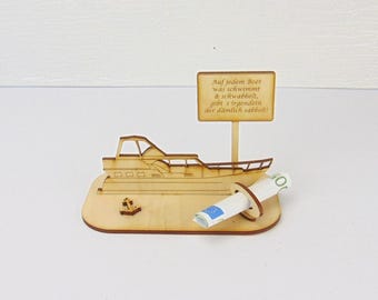Regalo en efectivo barco a motor, excursión, viaje, paseo en barco, regalo para el viaje, buen viaje, yate a motor, subvención en efectivo