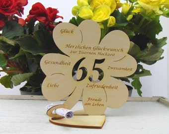 Kleeblatt Geldgeschenk zur Eisernen Hochzeit Zahl 65 Holz 11,7 cm oder 16 cm mit und ohne Name erhätlich