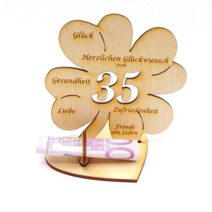 Geschenk zum 35. Geburtstag oder Hochzeitstag, Kleeblatt 11cm oder 16 cm, Geldgeschenk mit oder ohne Wunschtext, Tischdekoration aus Holz zdjęcie 5