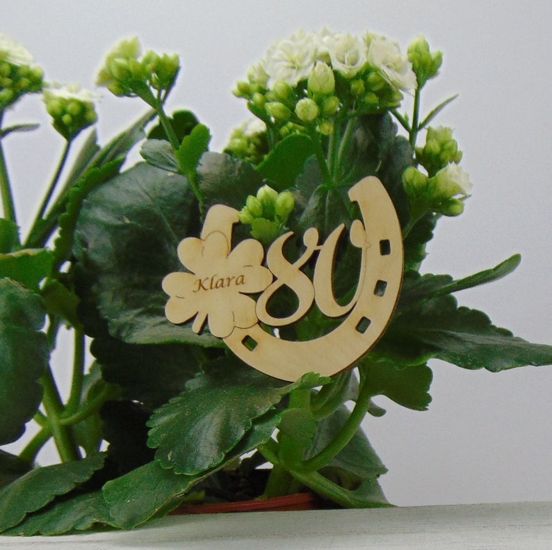 Gift for a 80. Birthday, Horseshoe and 4-leaf clover, Birthday, Talisman 8 cm, Decoration, flower attachment image 3