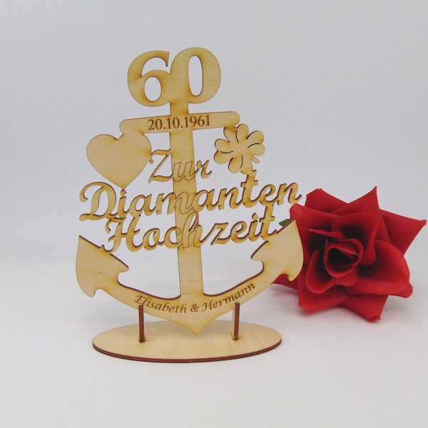 Anker zur Diamanten Hochzeit, Maritim Personalisiert aus Holz Geschenk für Jubilare mit Ständer zum Hinstellen