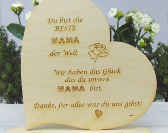 Muttertag Geschenk Herz aus Holz mit Spruch Du bist die Beste Mama der Welt mit Personalisierter Unterplatte Eigene Gravur möglich
