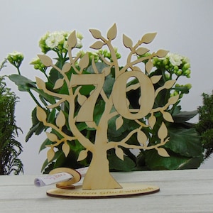 Present for voucher or money, tree of life with digit 70, birthday present with engraved pedestal Congratulations, 16 cm, money present