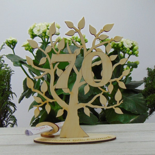Geschenk zum 70 Geburtstag, Gutschein- und Geldgeschenk, Lebensbaum Zahl 70, mit graviertem Fuß - Herzlichen Glückwunsch, 16 cm