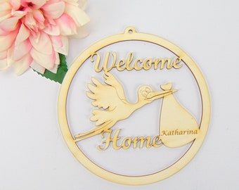 Personalized Stork Door Wreath, Birth Gift, Welcome Home Circle to Hang Made of Wood, Baptism Gift, Baby Shower Gift