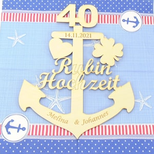 Geschenk zur Rubin Hochzeit 40 Jahre, Anker Maritim Personalisiert aus Holz mit Ständer zum Hinstellen