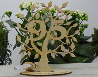 Geschenk zum 95 Geburtstag, Gutschein- und Geldgeschenk, Lebensbaum Zahl 95, mit graviertem Fuß - Herzlichen Glückwunsch, 16 cm