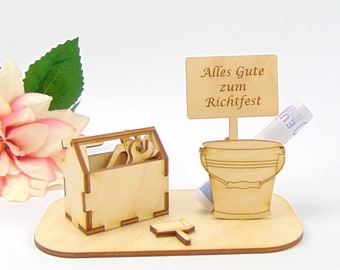 Gift topping-out ceremony, builder gift, tool case with hammer, pliers, wrench, bucket, brush, place name sign K47