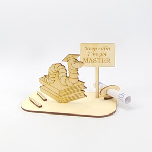 Money gift for master's degree, the bookworm with matching sign, funny gift made of wood 2023, graduation Keep calm