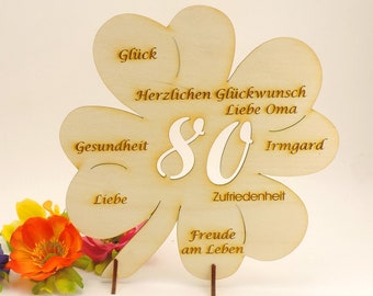 80 Geburtstag, Glücksklee, Kleeblatt mit Gravur Holz 20 cm, Namens Gravur auch möglich