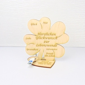 Geschenk zur Lebenswende, Kleeblatt, Geldgeschenk mit oder ohne Namensgravur, Tischdekoration, Geschenkidee aus Holz, Jugendweihegeschenk