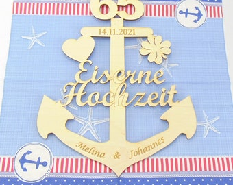 Anker zur Eisernen Hochzeit, 65 Jahre, Maritim Personalisiert aus Holz Geschenk für Jubilare mit Ständer zum Hinstellen, Personalisiert