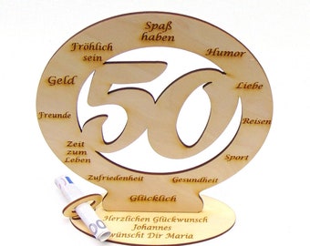 Geldgeschenk zum 50. Geburtstag mit Namens- und Glückwunschgravur Geschenk zum 50.