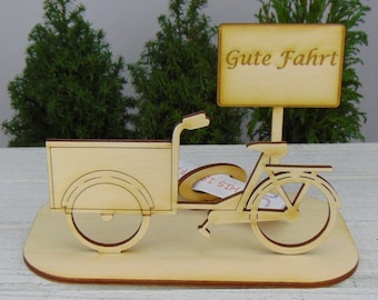 Geldgeschenk Lastenrad zur Rente, zum Geburtstag, mit Gute Fahrt oder mit eigenem Wunschtext, Geschenk Fahrrad, Bike aus Holz K65