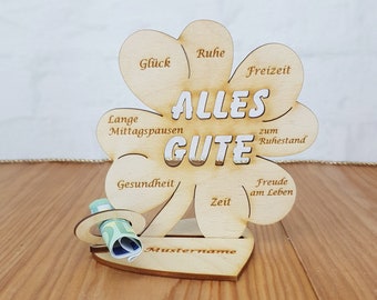 Geschenk zum Ruhestand, Rente, Kleeblatt Holz, 11,7 cm, Geldgeschenk mit und ohne Wunschtext, Tischdekoration aus Holz