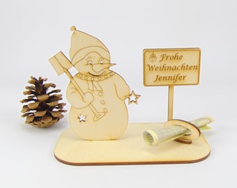 Geldgeschenk Weihnachtsgeschenk Schneemann Schild aus Holz Eigene Gravur Ortsschild Frohe Weihnachten