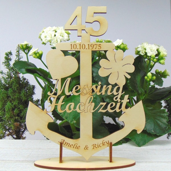 Geschenk zur Messing Hochzeit 45 Jahre, Anker, Maritim Personalisiert aus Holz mit Ständer zum Hinstellen, Maritimes Geschenk