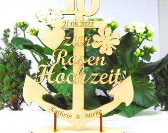 Geschenk zur Rosenhochzeit, 10 Jahre, Anker Maritim Personalisiert aus Holz Geschenk für Jubilare mit Ständer zum Hinstellen