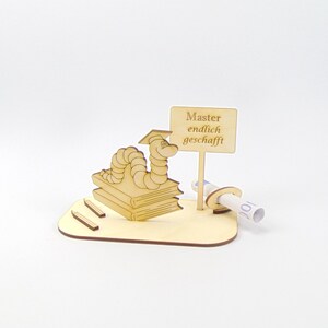 Money gift for master's degree, the bookworm with matching sign, funny gift made of wood 2023, graduation Master endlich