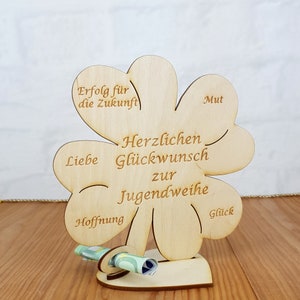 Geschenk zur Jugendweihe, Kleeblatt, Geldgeschenk mit oder ohne Namensgravur, Tischdekoration, Geschenkidee aus Holz, Jugendweihegeschenk 16cm ohne Gravur