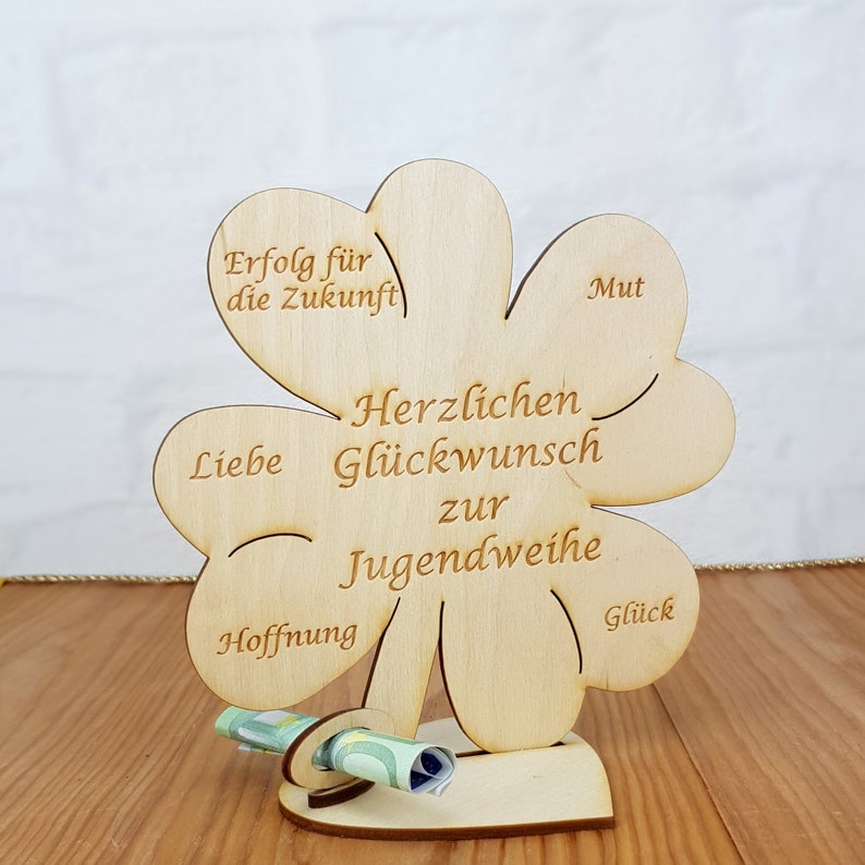 Geschenk zur Jugendweihe, Kleeblatt, Geldgeschenk mit oder ohne Namensgravur, Tischdekoration, Geschenkidee aus Holz, Jugendweihegeschenk 16cm ohne Gravur