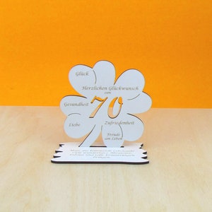 Gutscheingeschenk zum 70 Geburtstag  Kleeblatt weiß 11cm Vintage Holz Glückwünsche Mann Frau Geschenk Deko 02