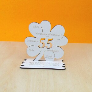 Gutscheingeschenk zum 55 Geburtstag  Kleeblatt 11cm Vintage weiß Glückwünsche Mädchen Junge Geschenk Deko 02