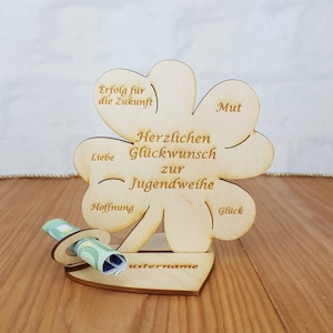 Geschenk zur Jugendweihe, Kleeblatt, Geldgeschenk mit oder ohne Namensgravur, Tischdekoration, Geschenkidee aus Holz, Jugendweihegeschenk