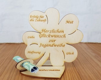 Geschenk zur Jugendweihe, Kleeblatt, Geldgeschenk mit oder ohne Namensgravur, Tischdekoration, Geschenkidee aus Holz, Jugendweihegeschenk