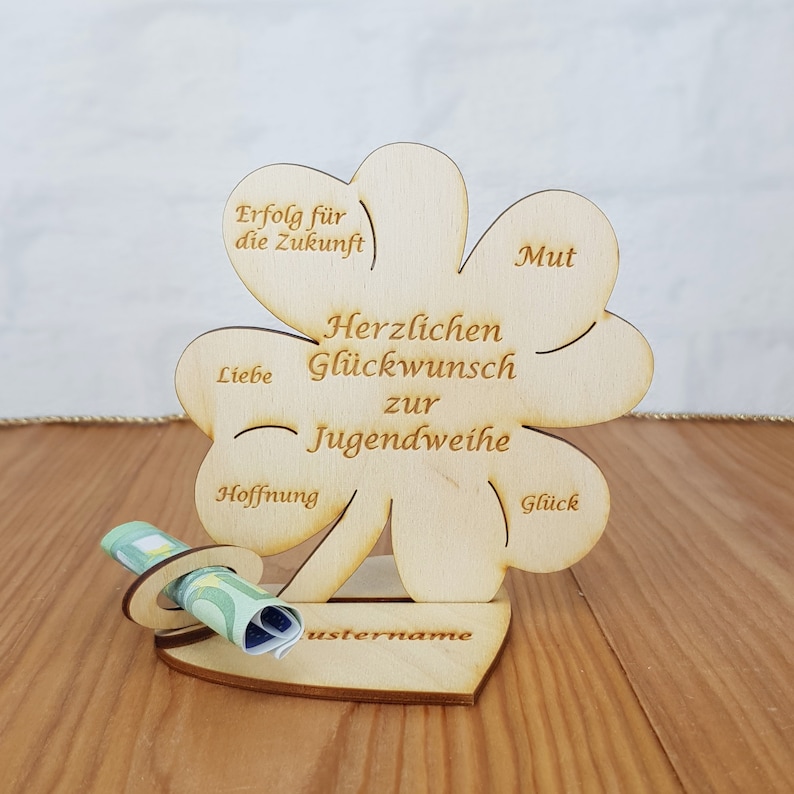 Geschenk zur Jugendweihe, Kleeblatt, Geldgeschenk mit oder ohne Namensgravur, Tischdekoration, Geschenkidee aus Holz, Jugendweihegeschenk 11cm mit Gravur