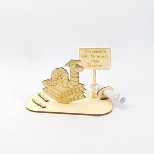 Money gift for master's degree, the bookworm with matching sign, funny gift made of wood 2023, graduation H. G. zum Master