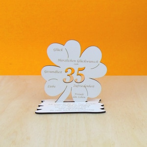 35 Geburtstag Gutscheingeschenk Kleeblatt 11cm Vintage weiß Glückwünsche Frau, Mann Geschenk Deko 01