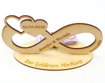 Geldgeschenk zur Hölzernen Hochzeit, Silberhochzeit oder Goldenen Hochzeit, Unendlichkeit mit Namen und Datum, Geldscheinhalter, Holz