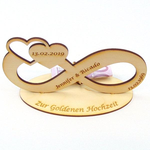 Geldgeschenk zur Hölzernen Hochzeit, Silberhochzeit oder Goldenen Hochzeit, Unendlichkeit mit Namen und Datum, Geldscheinhalter, Holz