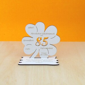 Gutscheingeschenk zum 85 Geburtstag  Kleeblatt 11cm Vintage weiß Glückwünsche Mann Frau Geschenk Deko 02