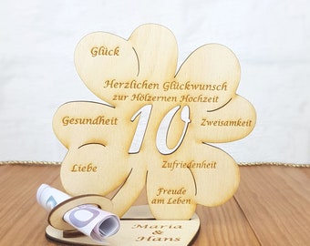 Geschenk zur Hölzernen Hochzeit oder zur Rosenhochzeit Zahl 10 Holz 11,7 cm oder 16 cm Kleeblatt, Tischdekoration aus Holz