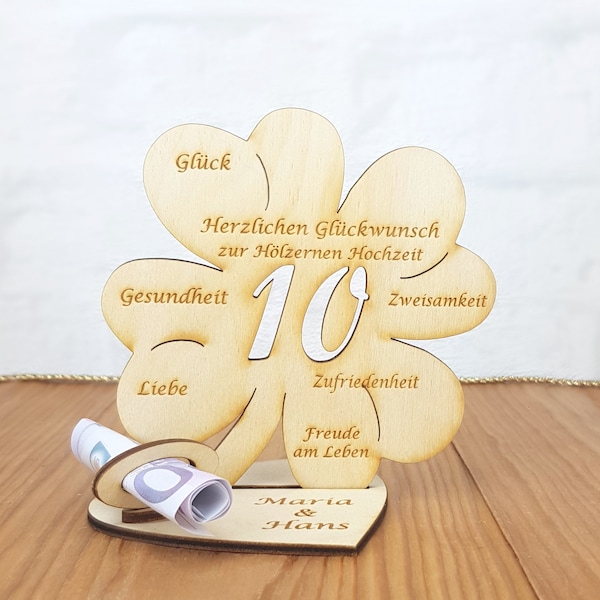 Geschenk zur Hölzernen Hochzeit oder zur Rosenhochzeit Zahl 10 Holz 11,7 cm oder 16 cm Kleeblatt, Tischdekoration aus Holz