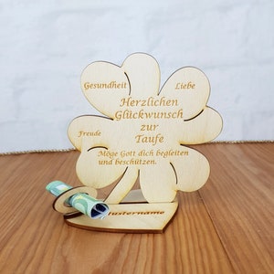 Geschenk zur Taufe, Kleeblatt 11,7 cm oder 16 cm, Geldgeschenk mit oder ohne Namensgravur, Tischdekoration, Taufegeschenk aus Holz