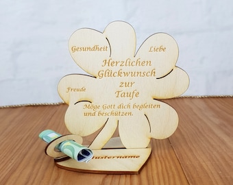 Christening gift, clover leaf 11.7 cm or 16 cm, cash gift with or without name engraving, table decoration, christening gift made of wood