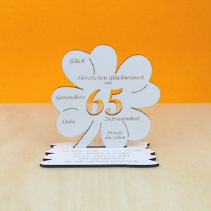 65 Geburtstag Gutscheingeschenk Kleeblatt 11cm Vintage weiß Glückwünsche Frau, Mann Geschenk Deko 01
