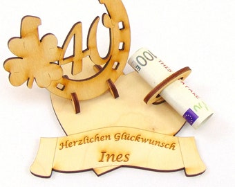 Money-holder Birthday number 40 with horseshoes and cloverleaf and name engraving