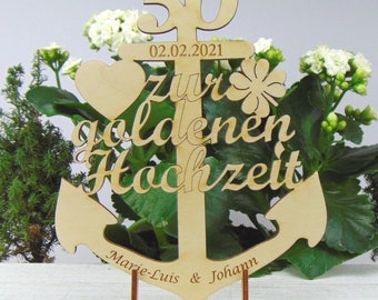 Anker zur Goldenen Hochzeit, Maritim Personalisiert aus Holz Geschenk für Jubilare mit Ständer zum Hinstellen
