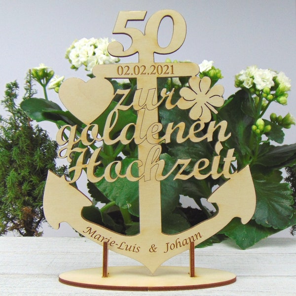 Anker zur Goldenen Hochzeit, Maritim Personalisiert aus Holz Geschenk für Jubilare mit Ständer zum Hinstellen